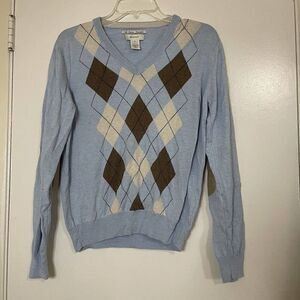 GANT Argyle Diamond Light Blue Silk Blend Vneck Preppy sweater size Small